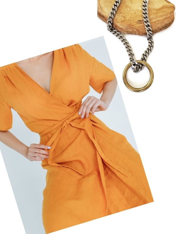 orange dress & big silver chain gold ring necklace