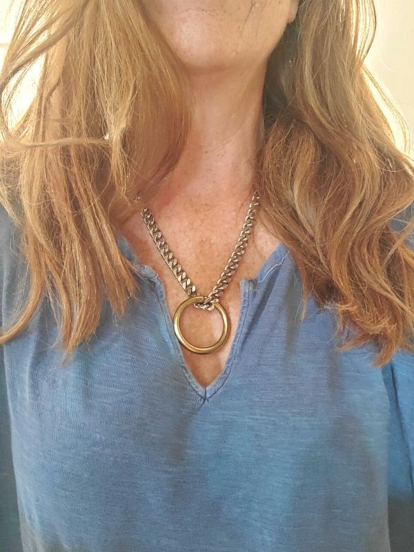wearing thick silver curb chain brass ring necklace