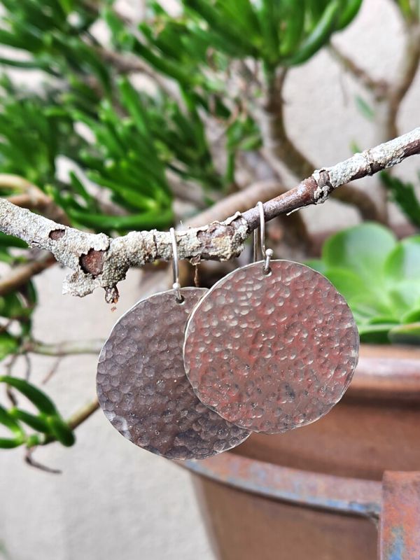 large silver hammered disc earrings with a plant