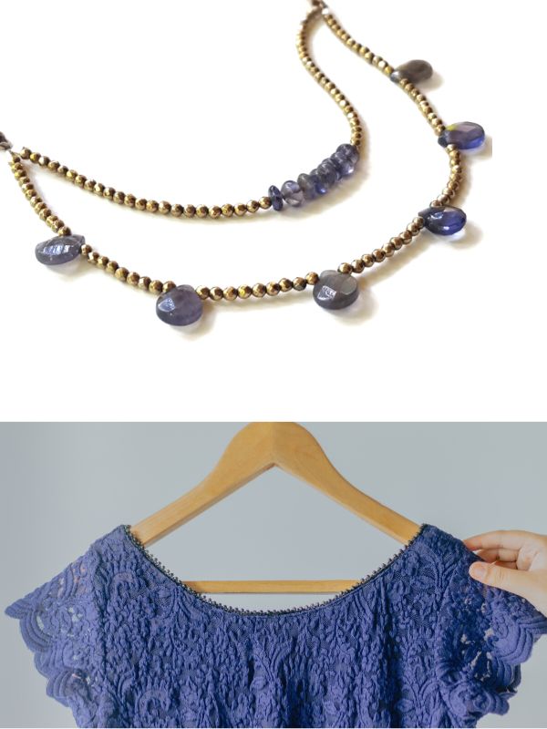 violet blue gemstone necklace and lacy top