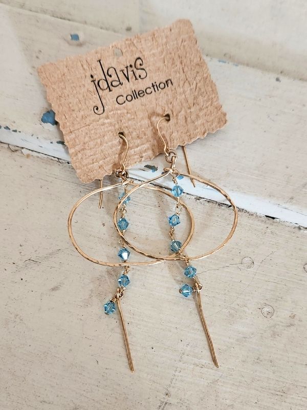 long gold blue crystal hoop earrings