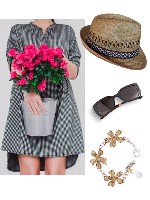 outfit flat lay with metal flower artisan bracelet