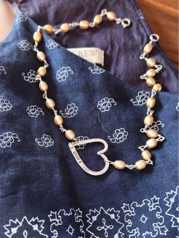blue print Jcrew dress and artisan pearl silver heart necklace