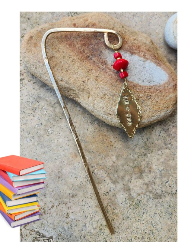 brass hammered bookmark with red bead and names