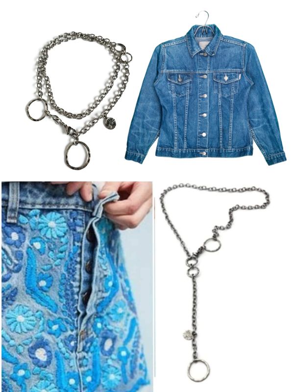 denim clothes & long silver chain necklace