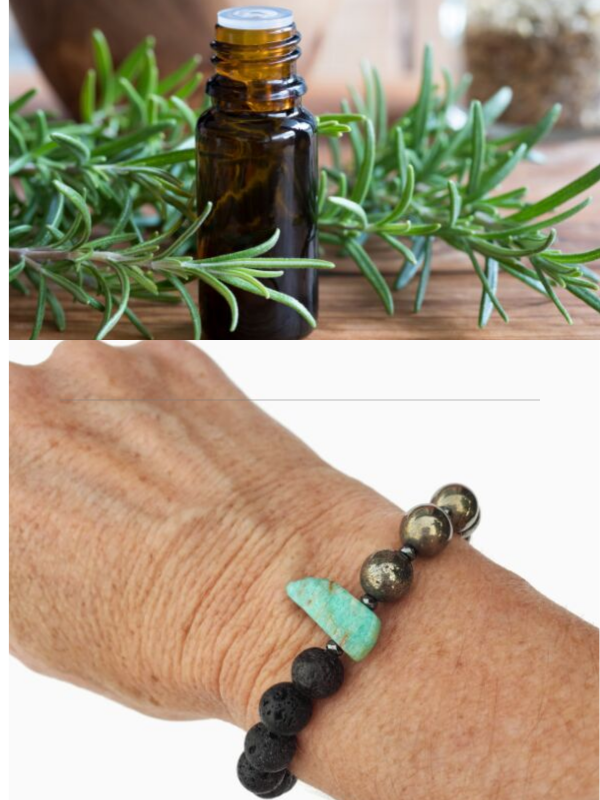 Green, gold, black essential oil bracelet on wrist