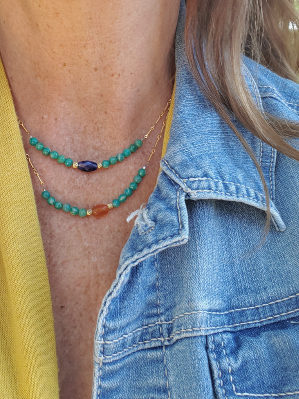 colorful gemstone necklaces for blue jeans