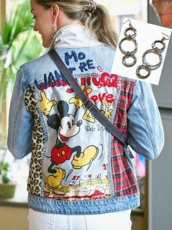 long silver ring earrings and printed denim jacket 