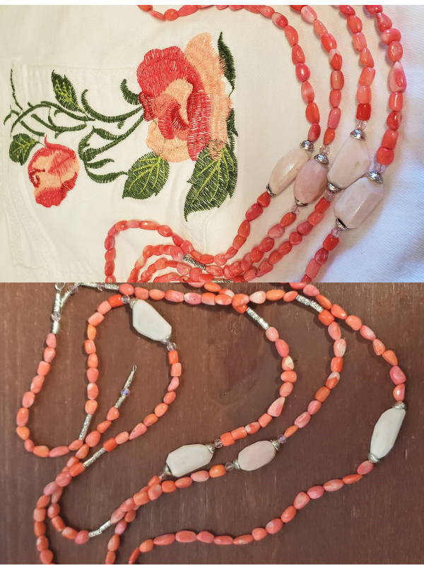 pink coral necklaces in wood with a floral print