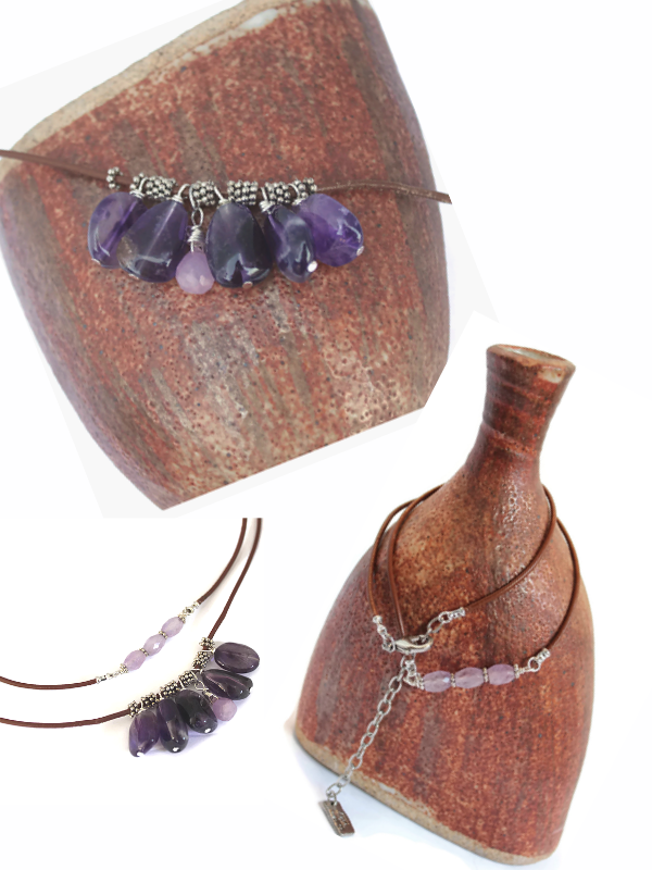 amethyst necklaces in brown handmade pottery