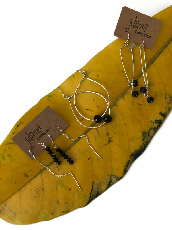yellow leaf with silver & black earrings