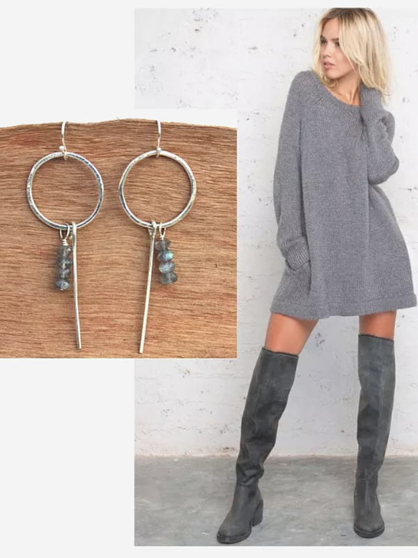 gray sweater, boots, earrings on blonde model
